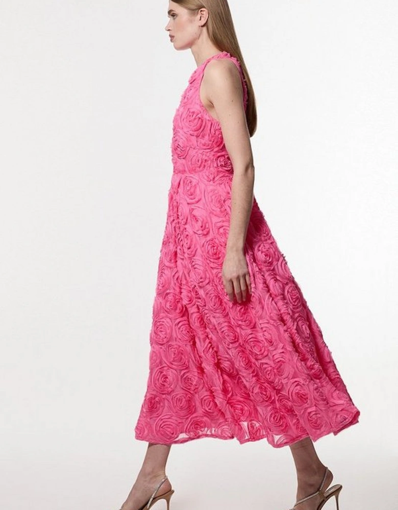 Romantic Rosette Texture Woven Prom Midi Dress