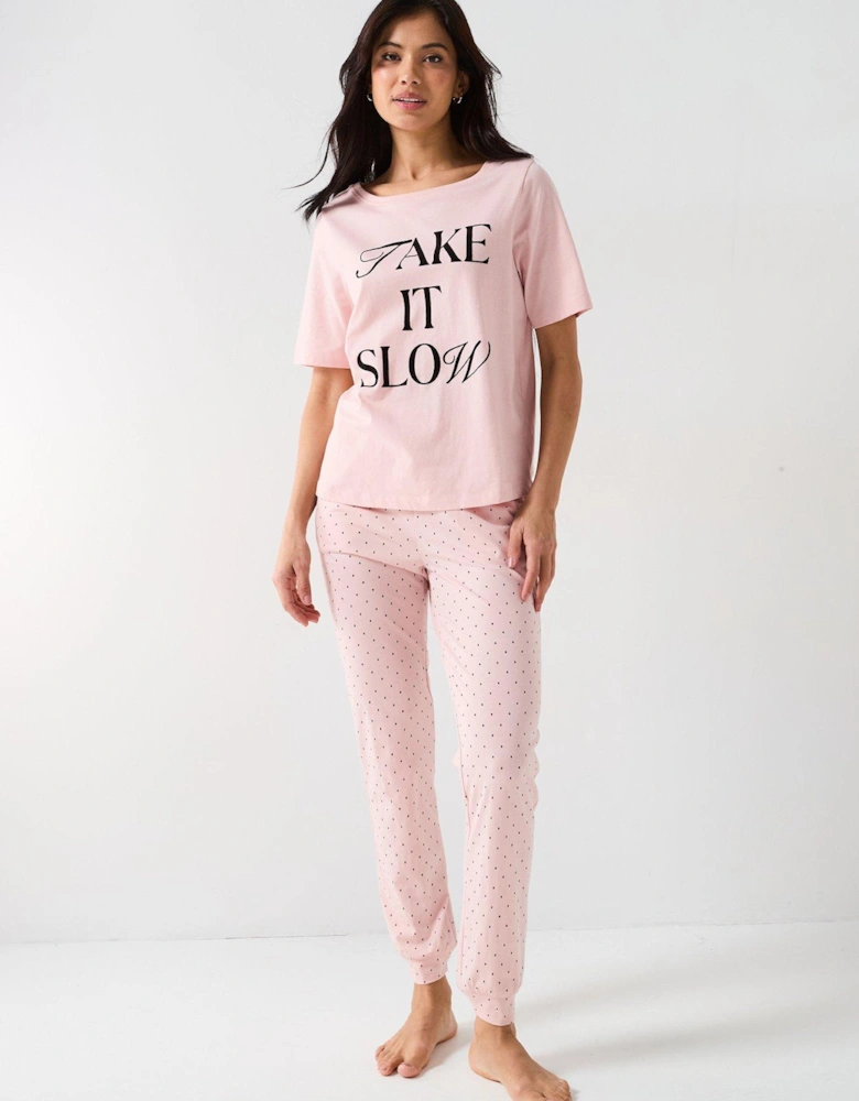 Printed Short Sleeve Top And Jogger Pj Set - Pink