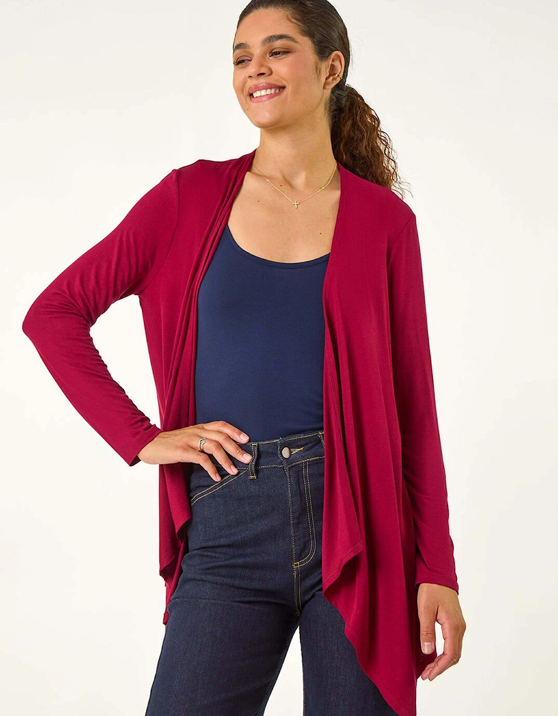 Waterfall Front Jersey Knit Cardigan - Red, 2 of 1