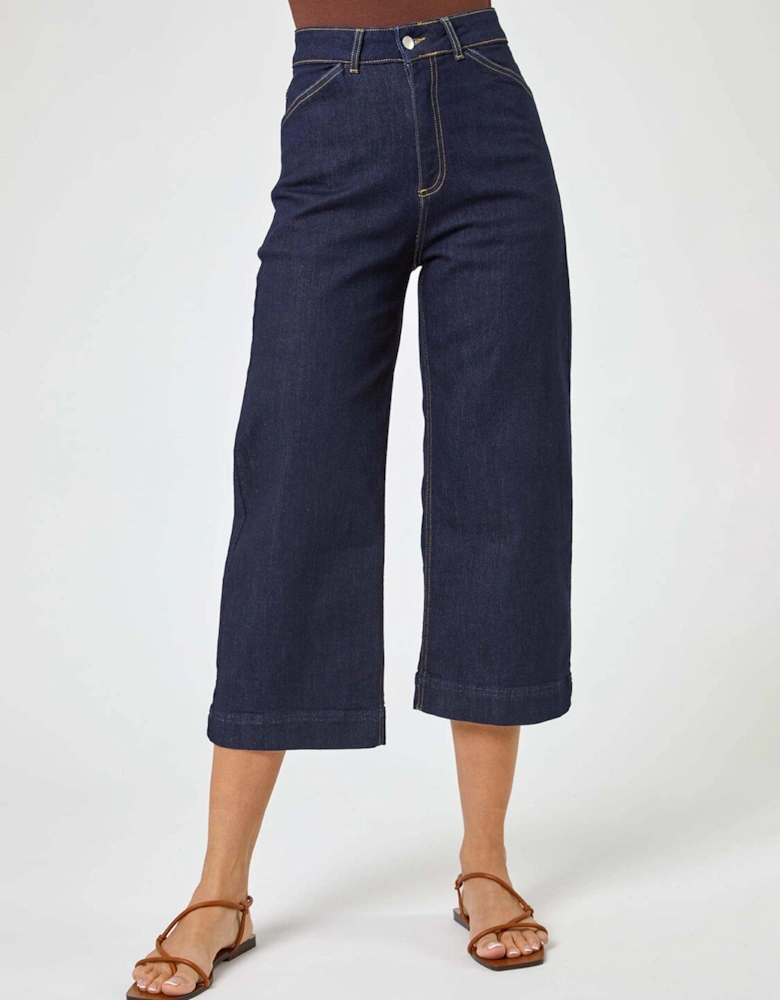 Wide Leg Stretch Cropped Denim Culottes - Indigo