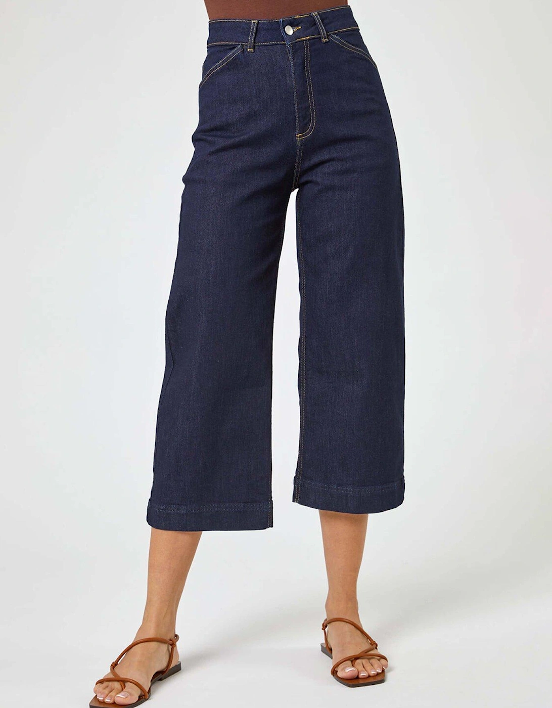 Wide Leg Stretch Cropped Denim Culottes - Indigo, 2 of 1