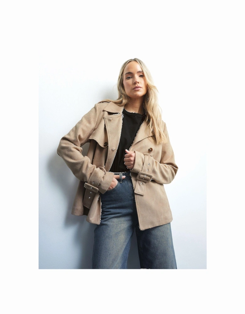 Suedette Short Trench Coat - Natural