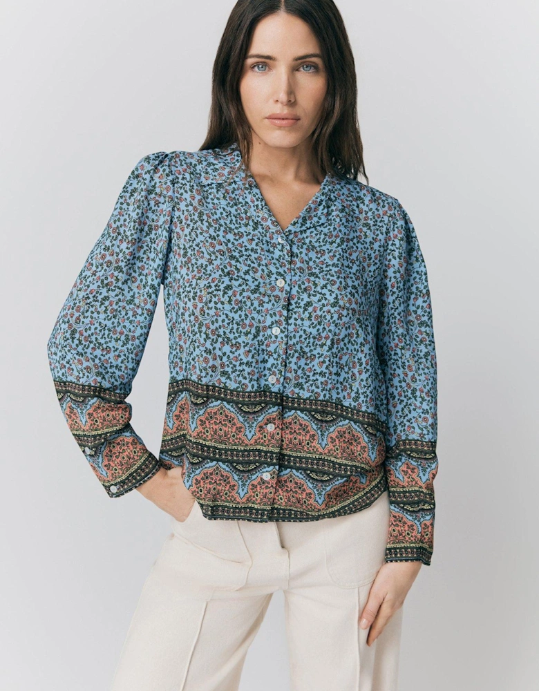 Lana Border Print Button Through Blouse - Blue Bandana Floral