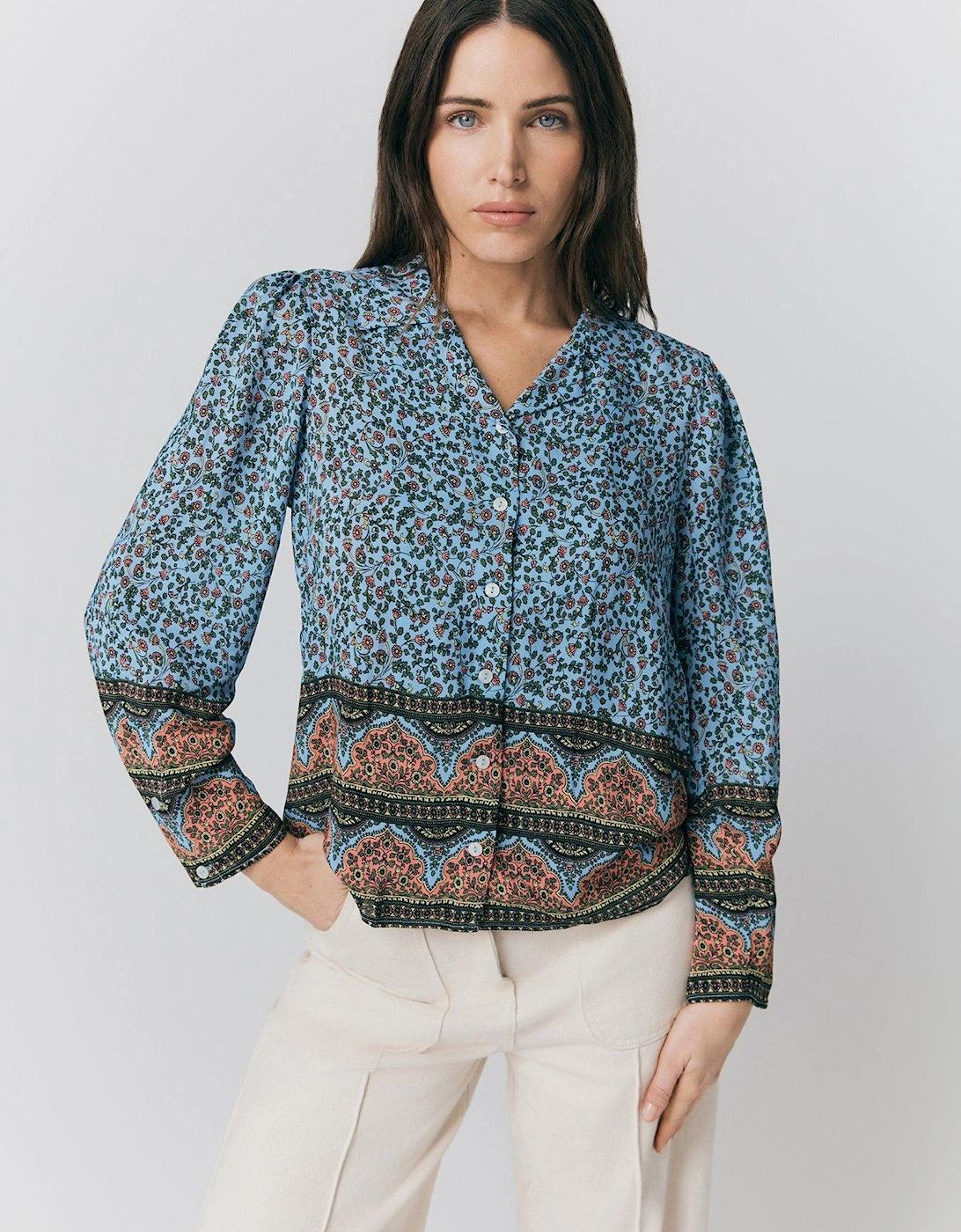 Lana Border Print Button Through Blouse - Blue Bandana Floral, 2 of 1