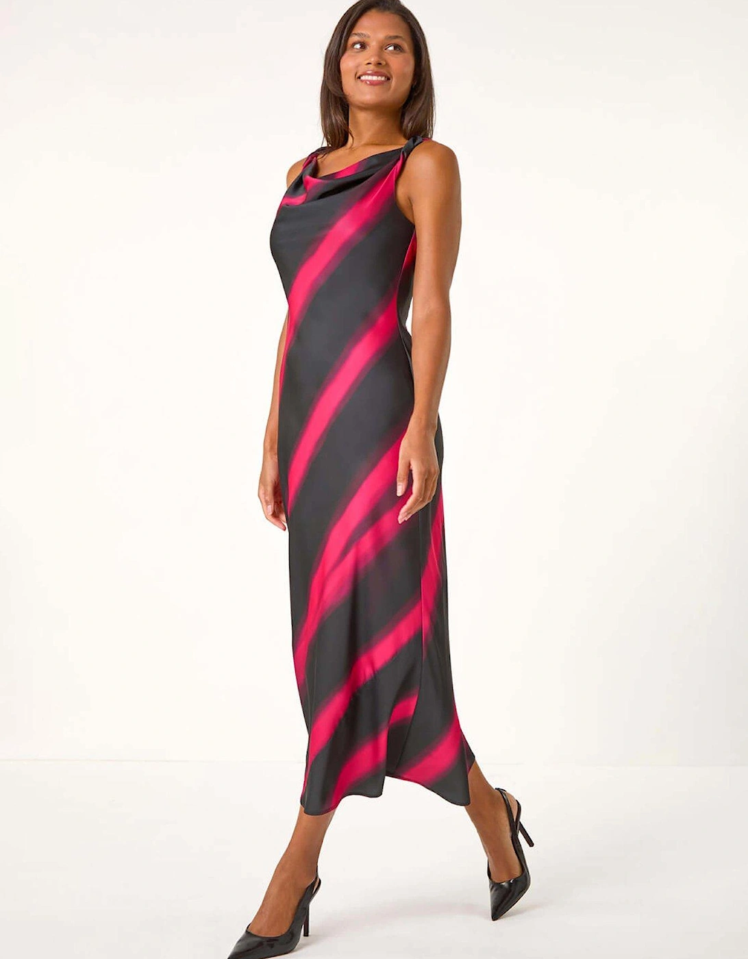 Stripe Print Satin Twist Strap Midi Dress - Black, 2 of 1