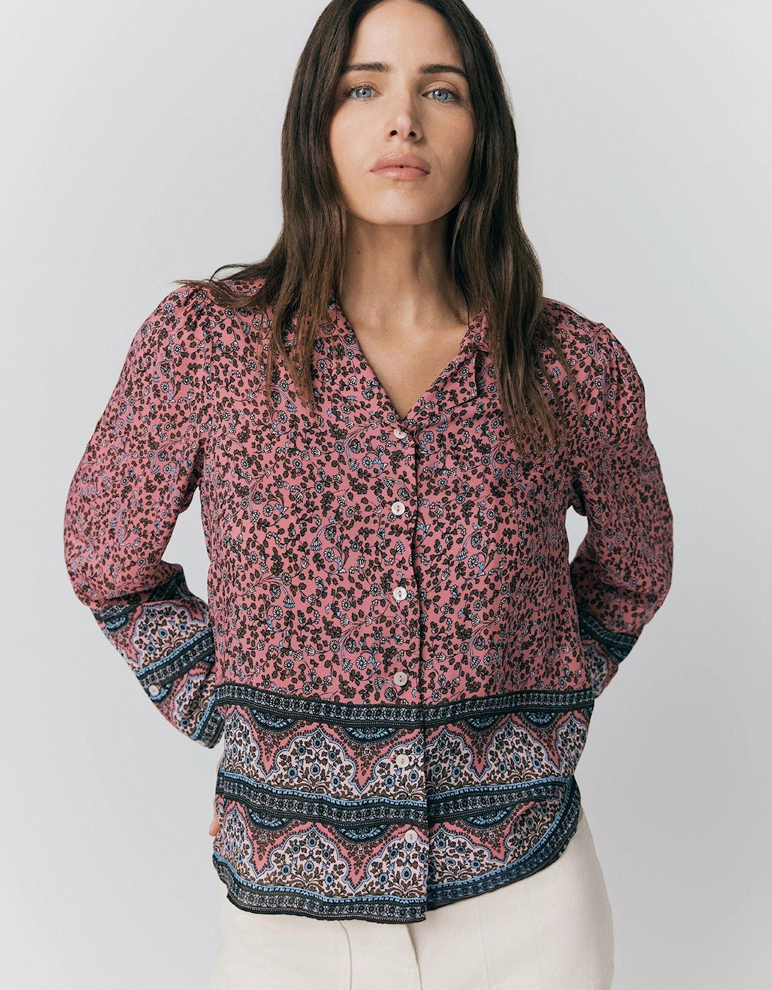 Lana Border Print Button Through Blouse - Pink Bandana Floral, 2 of 1