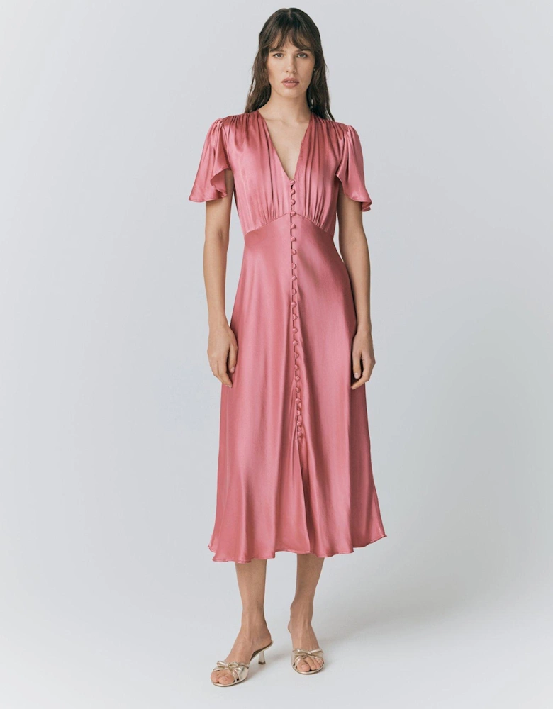 Grace Satin Button V-Neck Dress - Rose