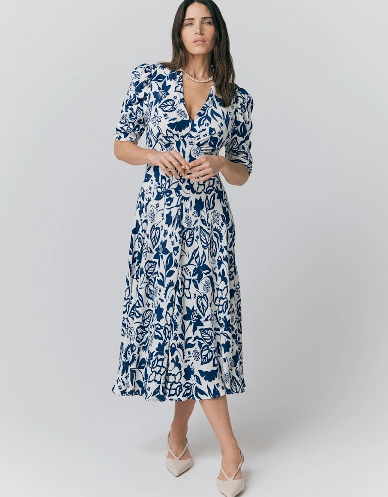 Madi Floral Crepe Midi Tea Dress - Navy Abstract Floral