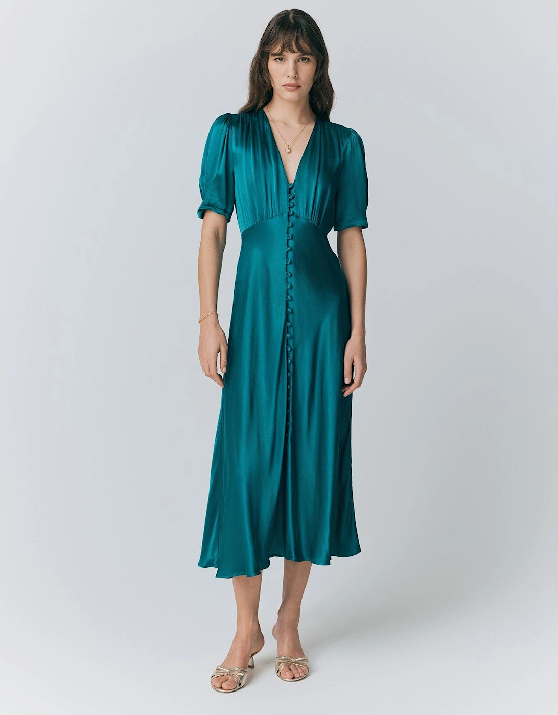 Madison Satin Button Through Dress - Emerald Sea, 2 of 1