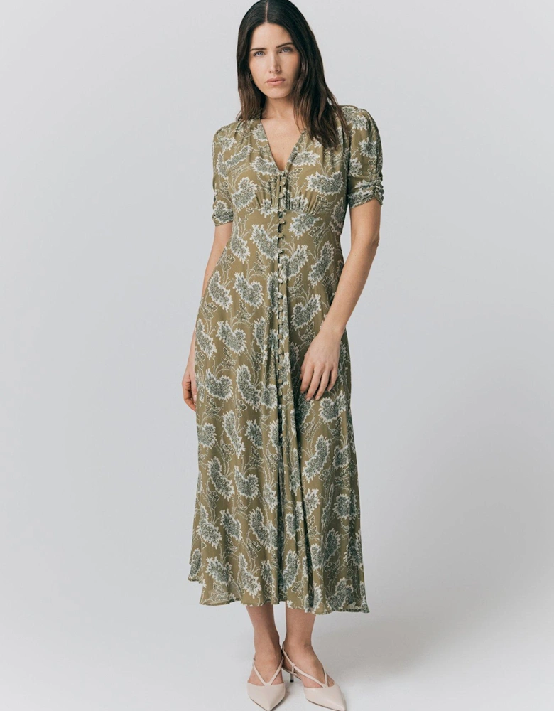 Flo Floral Midi Tea Dress - Olive Floral