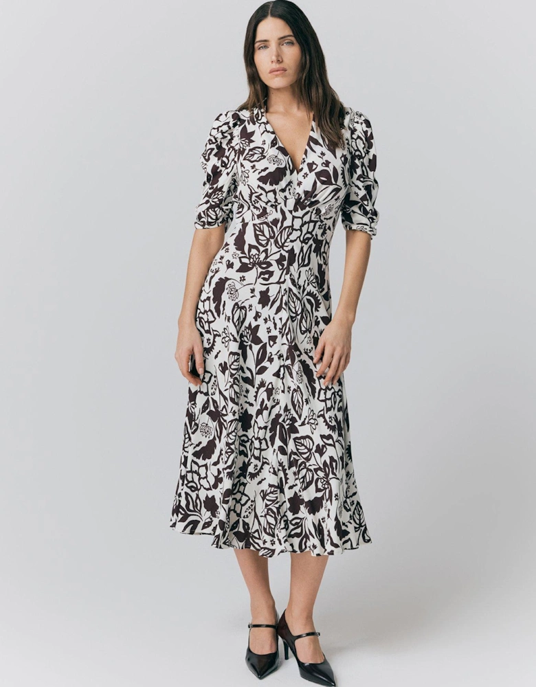 Madi Floral Crepe Midi Tea Dress - Burgundy Floral