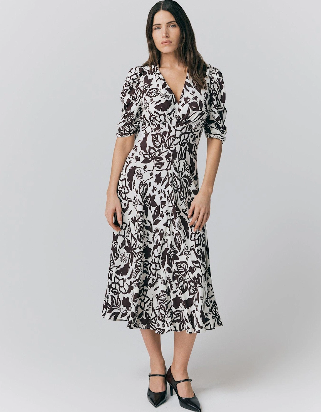 Madi Floral Crepe Midi Tea Dress - Burgundy Floral, 2 of 1