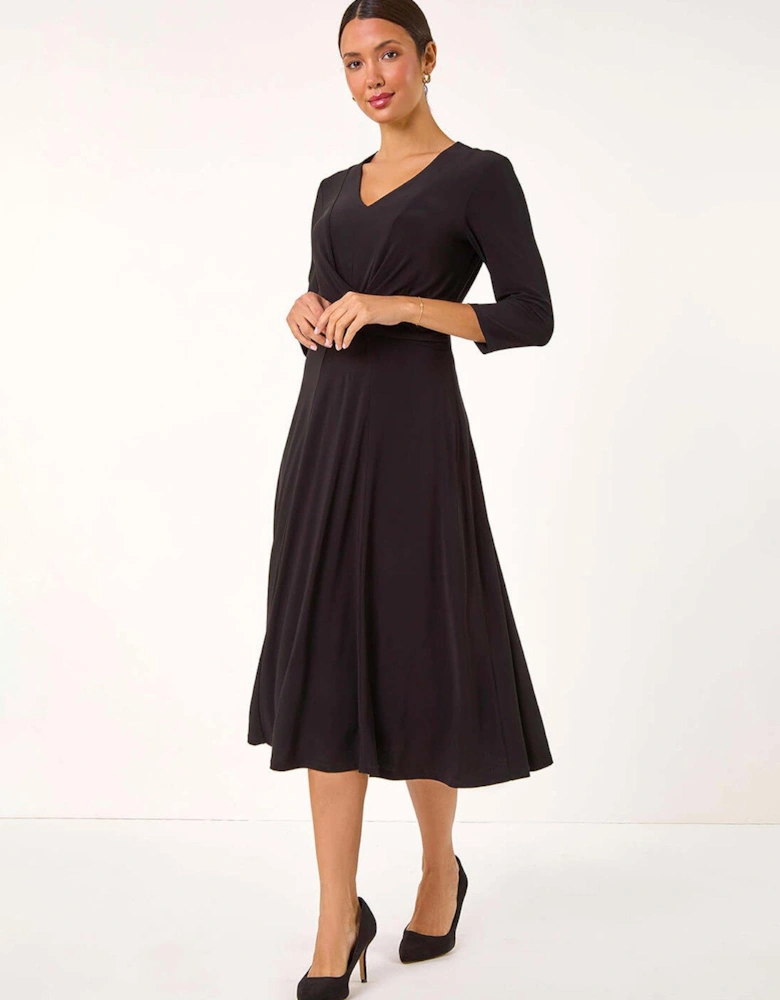 Stretch Crossover Midi Dress - Black