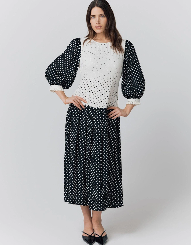 Iris Heavy Crepe Polka Dots Midi Dress - Black Contrast Dots