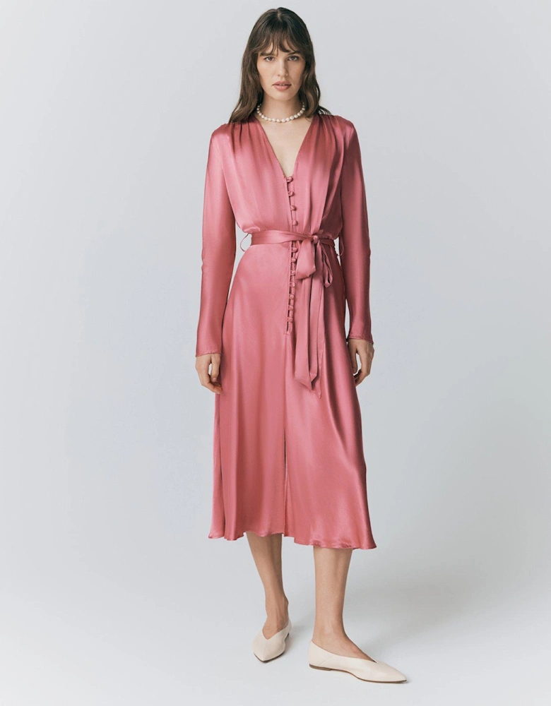 Meryl Satin Belted Midi Dress - Rose