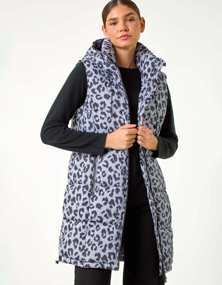 Animal Print Longline Quilted Gilet - Grey