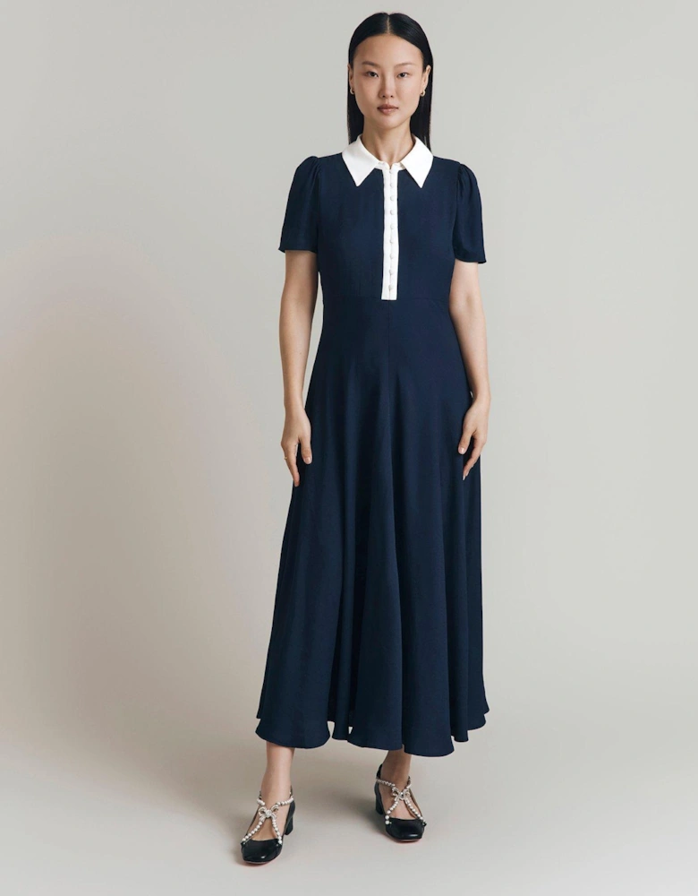 Bethan Satin Contrast Collar Midi Dress - Navy