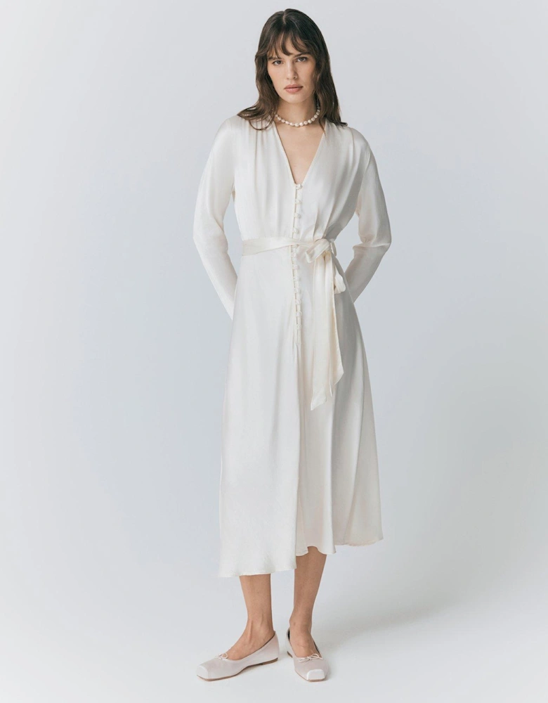 Meryl Satin Belted Midi Dress - Ivory