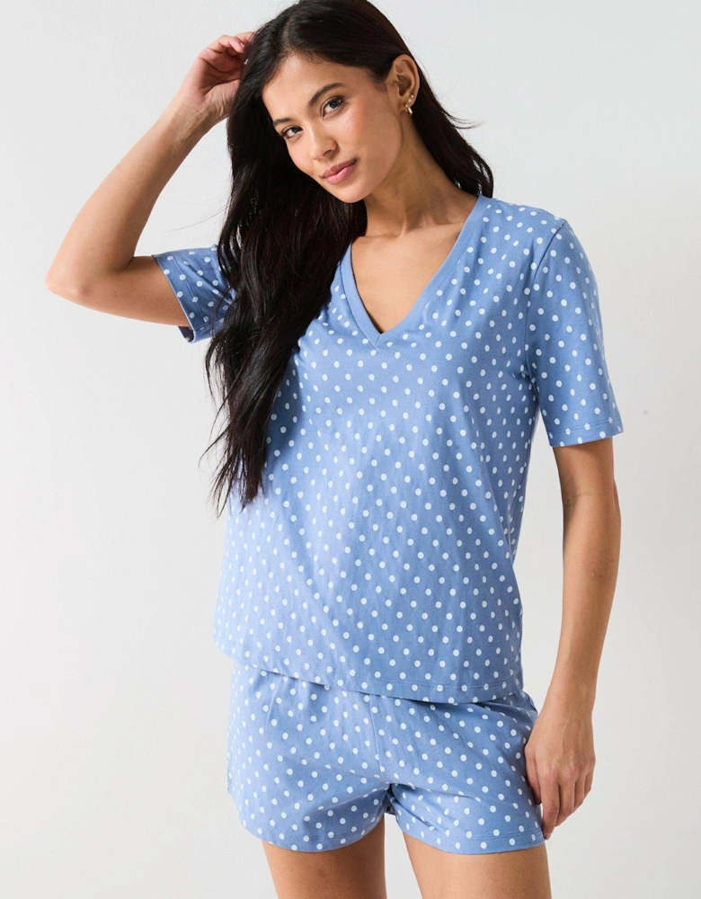 Printed Aop V Neck Short Sleeve Top And Short Pj Set - Blue