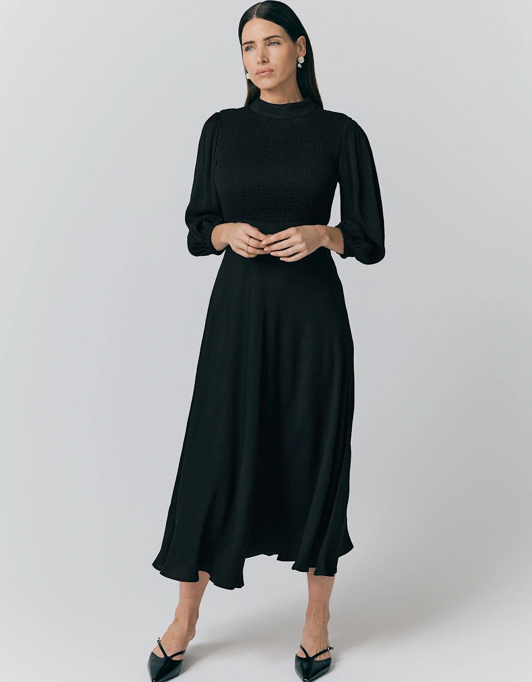 Isabel Crepe Midi Tea Dress - Black, 2 of 1