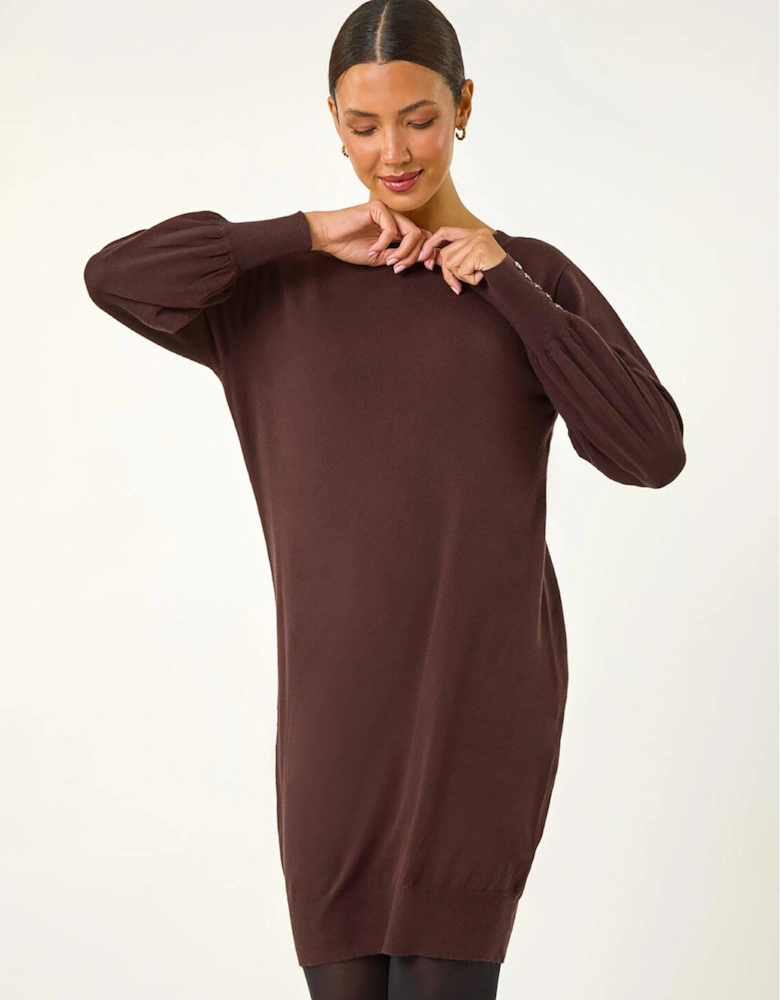 Button Detail Knitted Jumper Dress - Chocolate