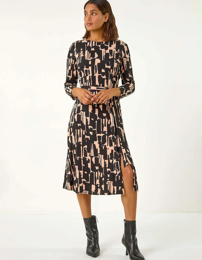 Stretch Abstract Belted Dress - Black