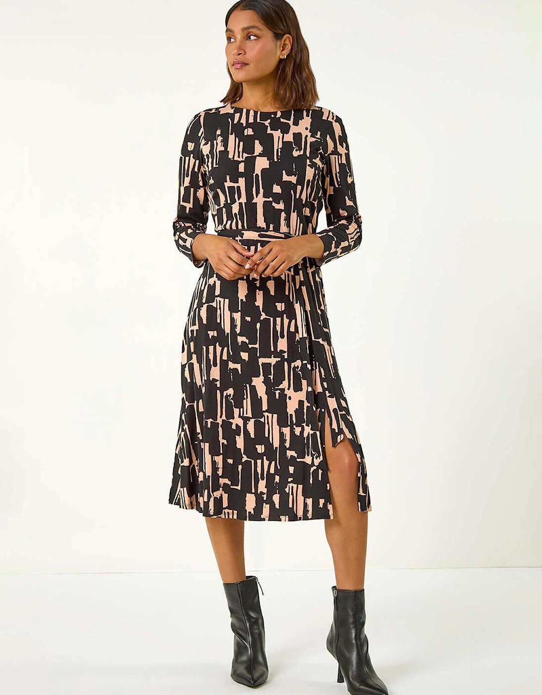 Stretch Abstract Belted Dress - Black, 6 of 5