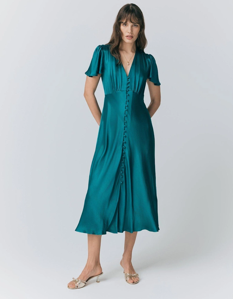 Grace Satin Button V-Neck Dress - Emerald Sea