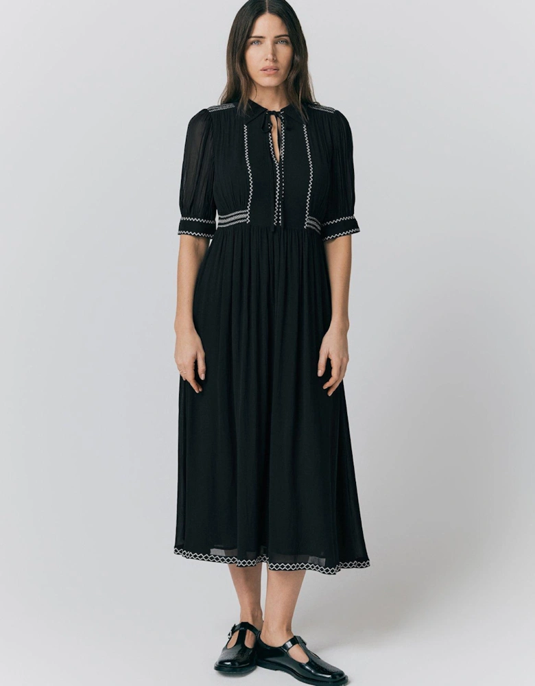 Emma Embroidered Georgette Midi Dress - Black