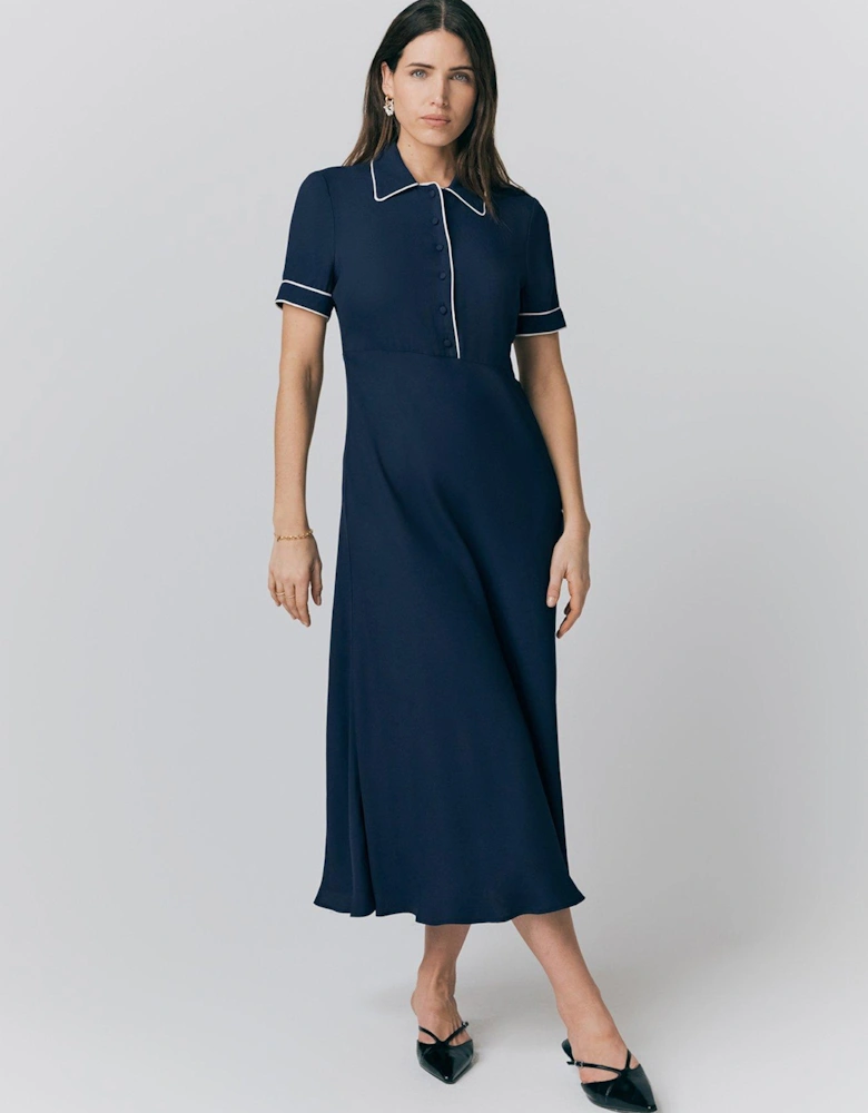 Sophia Crepe Collared Midi Shirt Dress - Navy