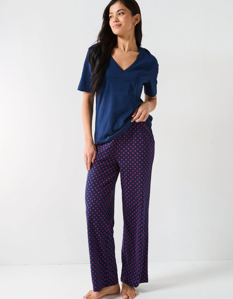 V Neck Short Sleeve Top And Polka Dot Wide Leg Bottom Pj Set - Navy