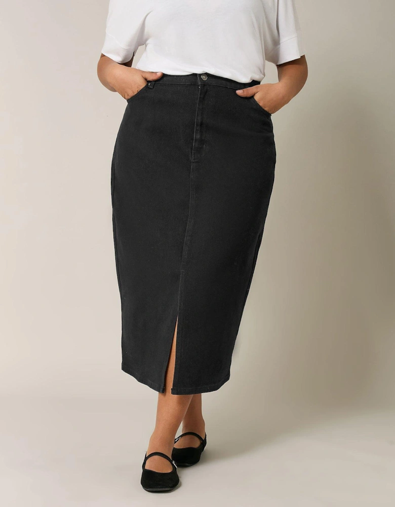 Split Front Denim Skirt - Black