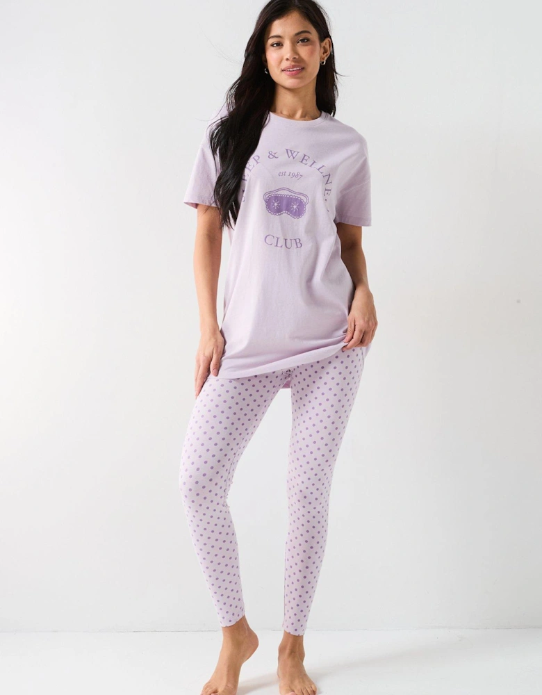 Longline Tshirt And Polka Dot Legging Pj Set - Lilac