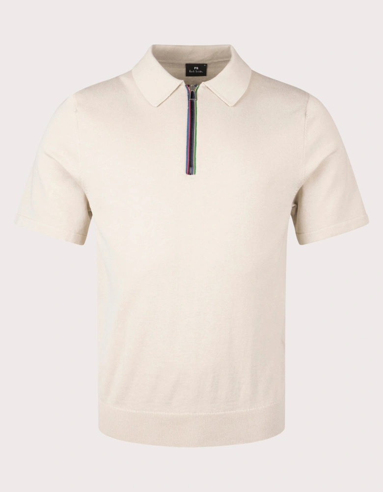 Sports Stripe Zip Knitted Cotton Polo Shirt