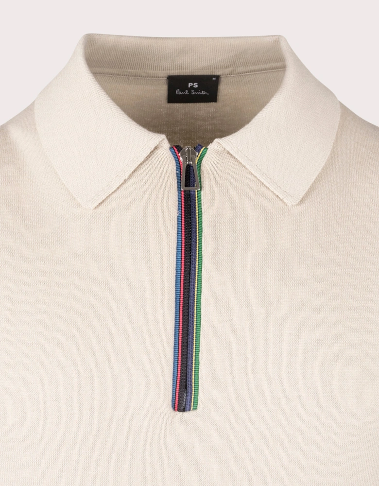 Sports Stripe Zip Knitted Cotton Polo Shirt