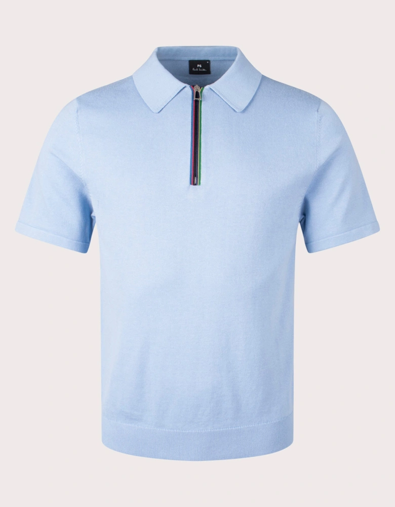 Sports Stripe Zip Knitted Cotton Polo Shirt