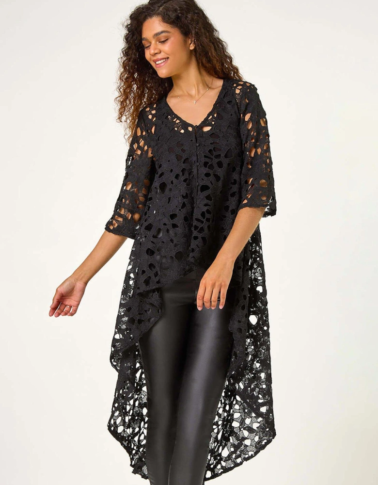 Lace Detail Highlow Hem Button Blouse - Black