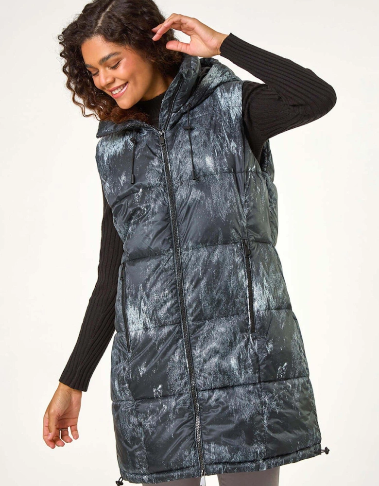 Print Longline Hooded Gilet - Black