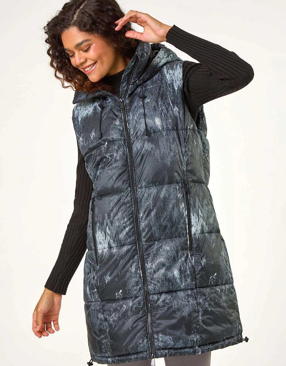 Print Longline Hooded Gilet - Black, 2 of 1