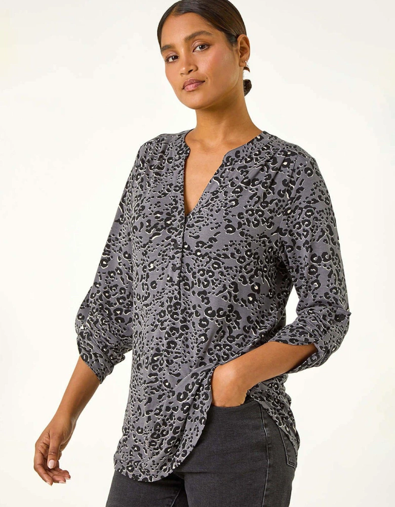 Animal Print Stretch Blouse - Grey