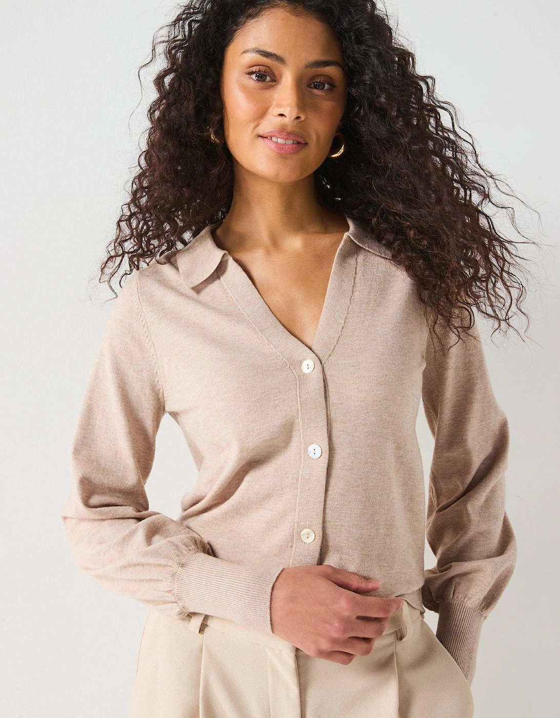 Collared Neck Button Down Cardigan - Natural, 2 of 1