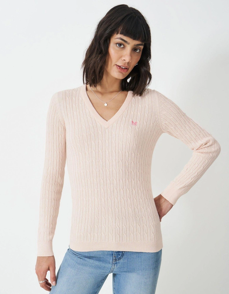 Heritage Cable V Neck Jumper - Pink