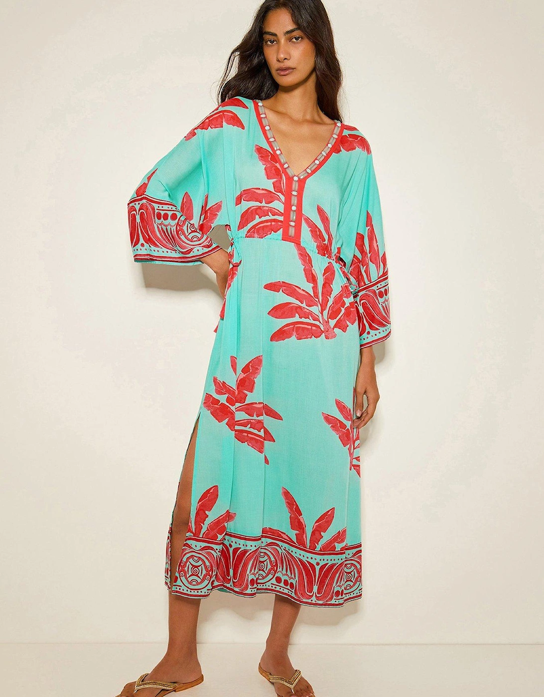 Pamela Palm Print Kaftan Dress - Green, 2 of 1