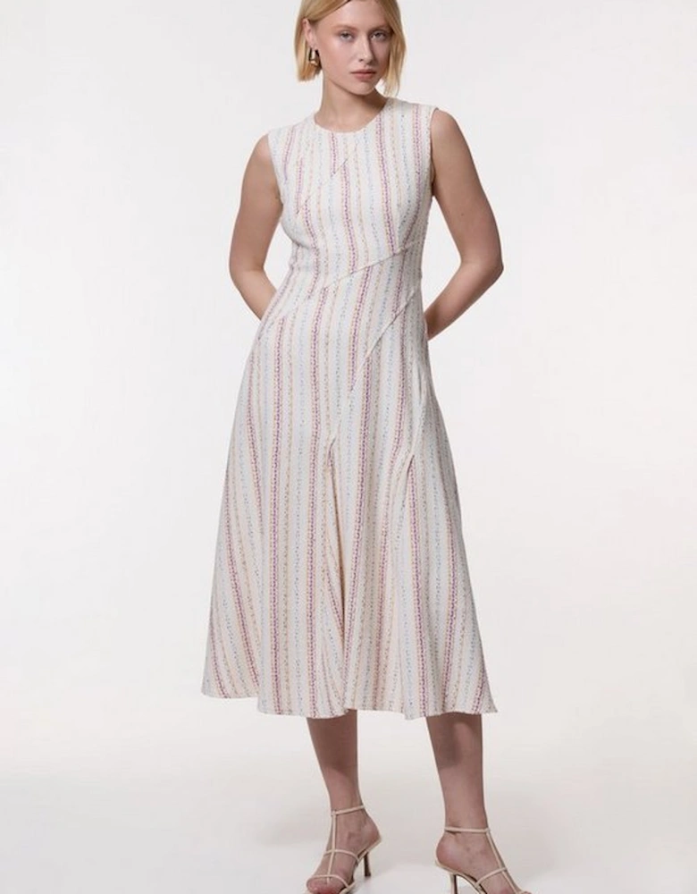 Premium Woven Stripe Tailored A-Line Midi Dress