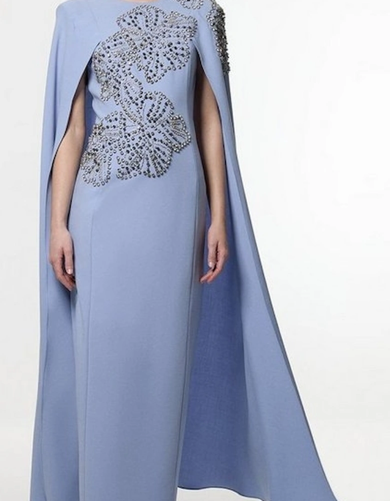 Petite Placed Floral Crystal Embellished Tailored Drama Cape Maxi Dress