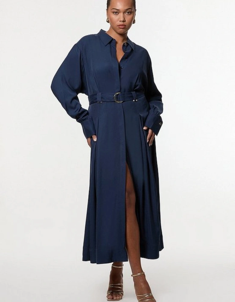 Plus Size Premium Viscose Linen Belted Woven Shirt Dress