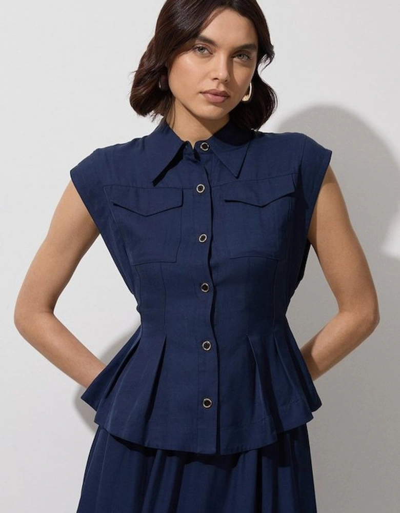 Premium Viscose Linen Topstitch Woven Blouse With Waist Seam Detail