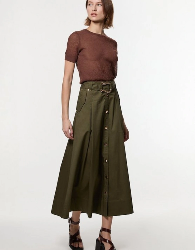 Cotton Sateen Belt Detail Midi Skirt