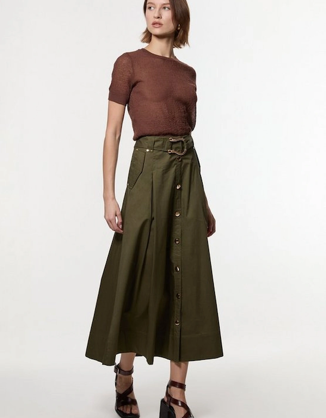 Cotton Sateen Belt Detail Midi Skirt, 4 of 3