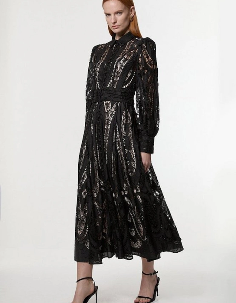 Sheer Georgette Cutwork Balloon Sleeve Woven Maxi Dress